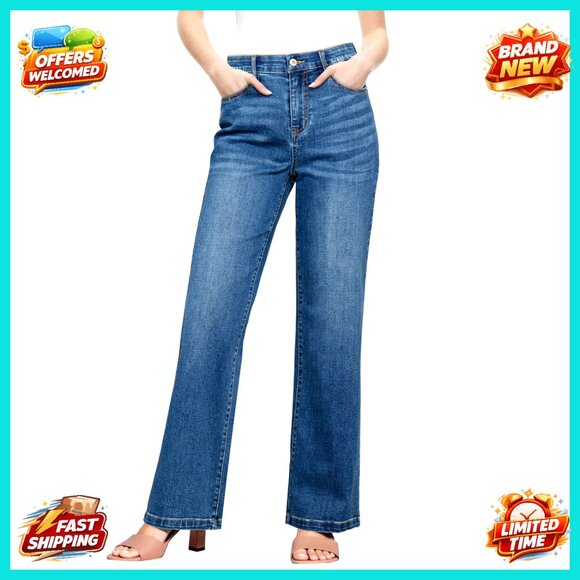 Wide Leg Jeans High Waisted Tummy Control Stretchy Straight Leg Elastic Waist